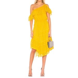 NWT JOIE off shoulder mustard Eyelet Dress with Asymmetrical ruffle hemline